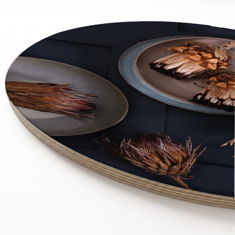 GOLDEN PROTEAS AND PLATES ROUND SERVING BOARD