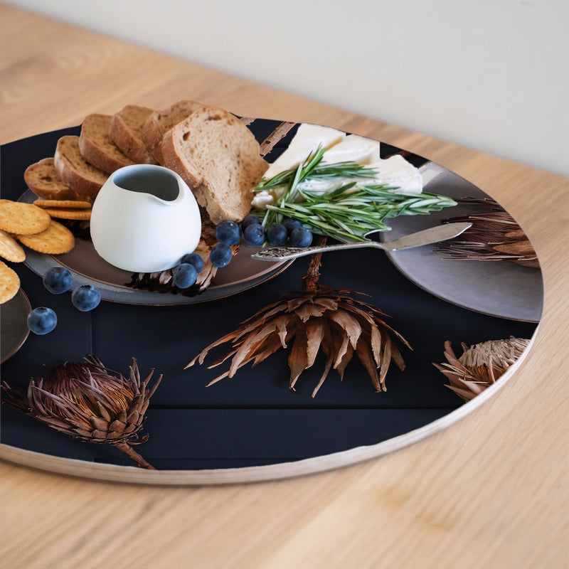 GOLDEN PROTEAS AND PLATES ROUND SERVING BOARD