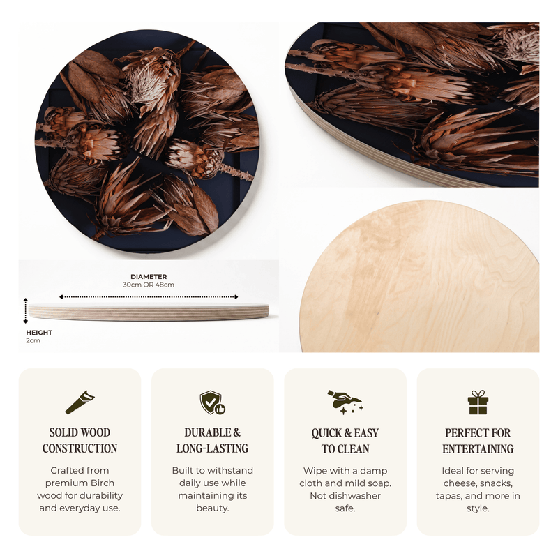 GOLDEN PROTEAS ON BLUE ROUND SERVING BOARD