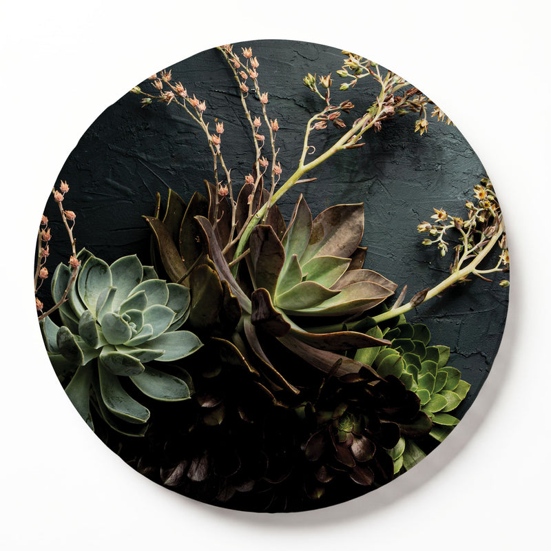 Round serving board featuring a printed botanical arrangement of succulents and dried stems on a dark textured background, shown against a clean white wall.