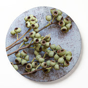 Round wooden serving board featuring a green natural ambernut print, shown against a plain white wall.