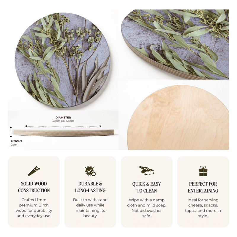 A product information graphic for a round wooden serving board with a printed botanical pattern, showing two top-down views, a side profile with dimensions, a close-up of the natural wood edge, and four feature callouts with icons.