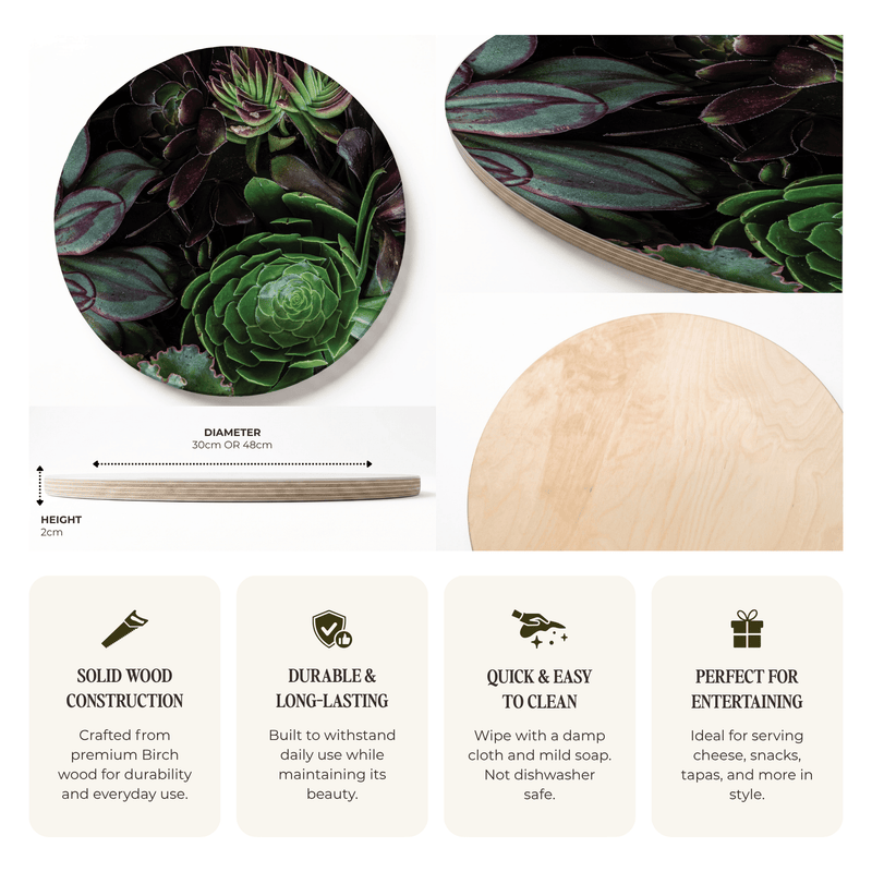 A product infographic for a round wooden serving board featuring a succulent print on one side and a light natural wood grain on the other. The graphic includes a side profile showing the 2cm thickness, a diameter of 30cm or 48cm, and a height of 7cm, along with four feature callouts at the bottom describing solid wood construction, durability, easy cleaning, and suitability for entertaining.