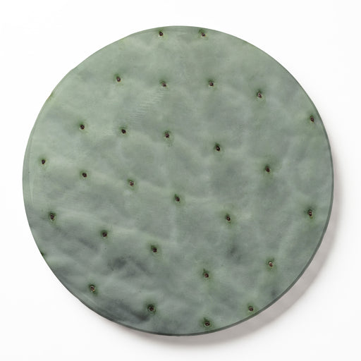 A round wooden serving board featuring a green prickly pear leaf print, photographed from directly above on a white background.