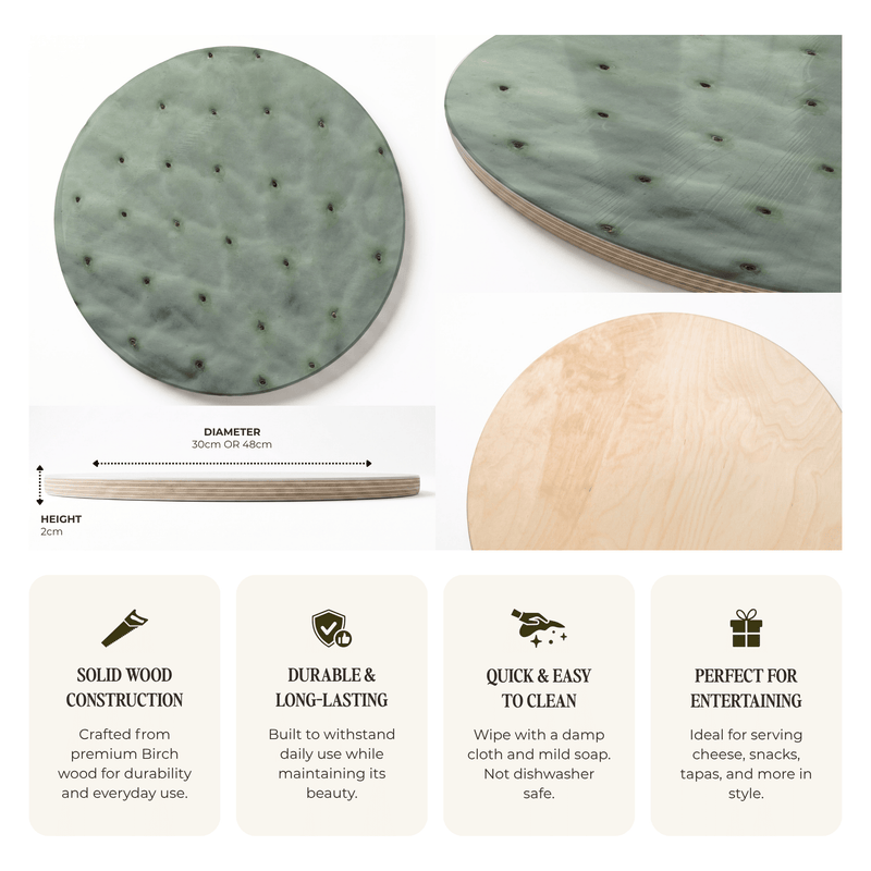 A product information graphic for a round wooden serving board. The top section shows two views of the board's printed top surface in a muted sage green and a third view showing the natural light wood edge.