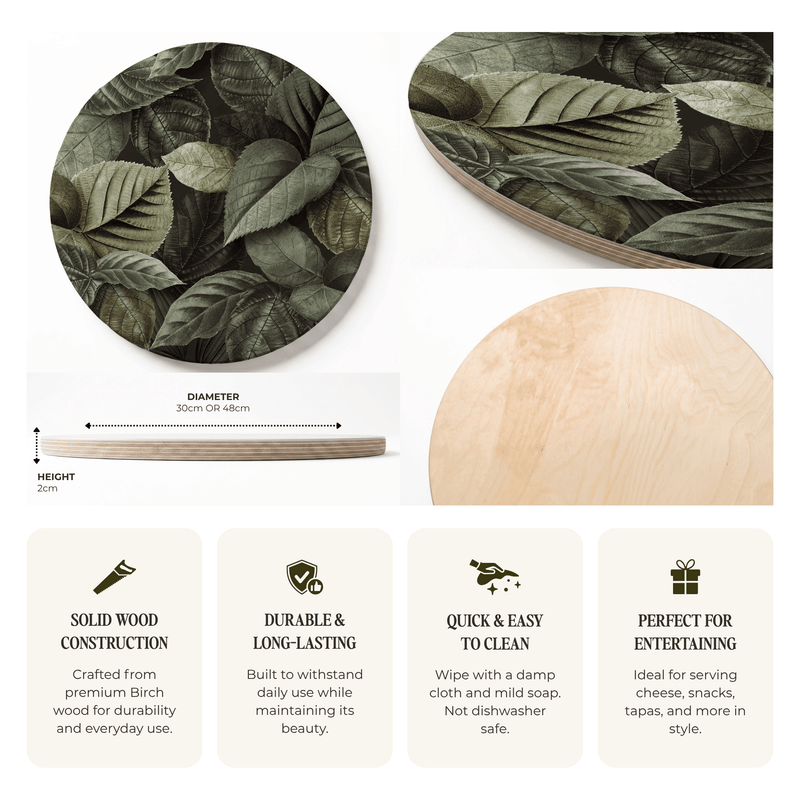 A product information graphic for a round wooden serving board with a dark green leaf print and a light natural wood side. The graphic includes two circular close-ups of the board's top and side, a height-and-diameter measurement callout, and four feature callouts at the bottom describing solid-wood construction, durability, easy cleaning, and suitability for entertaining.