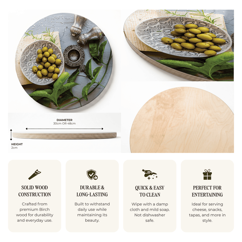 Round wooden serving board set with olive-green olives on an engraved silver plate, shown with product dimensions, a close-up of the light wood grain, and four feature callouts for solid wood construction, durability, easy cleaning, and entertaining value.