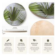 A product information graphic for a round serving board made from solid wood, showing two views of the board with green palm leaves on top, a height and diameter measurement callout, and four feature callouts about solid wood construction, durability, easy cleaning, and suitability for entertaining.