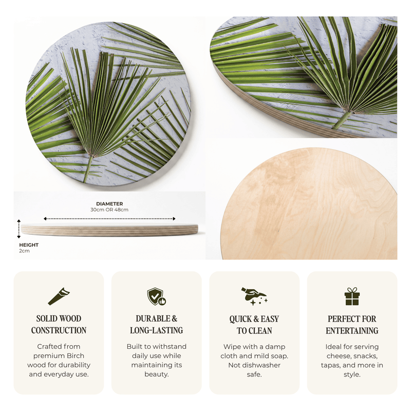 A product information graphic for a round serving board made from solid wood, showing two views of the board with green palm leaves on top, a height and diameter measurement callout, and four feature callouts about solid wood construction, durability, easy cleaning, and suitability for entertaining.