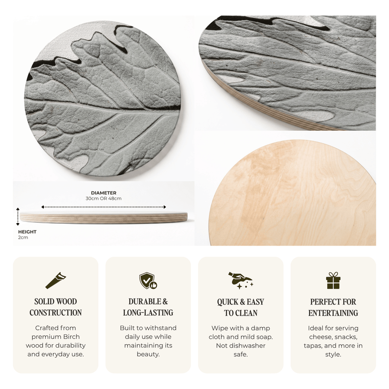 A product infographic for a round wooden serving board. The top section shows two close-up views of the board's grain pattern: one of the printed side and one of the light natural wood side.