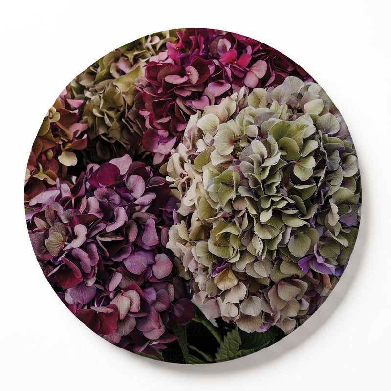 HYDRANGEA DEEP FLORAL TONES ROUND SERVING BOARD