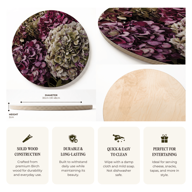 HYDRANGEA DEEP FLORAL TONES ROUND SERVING BOARD
