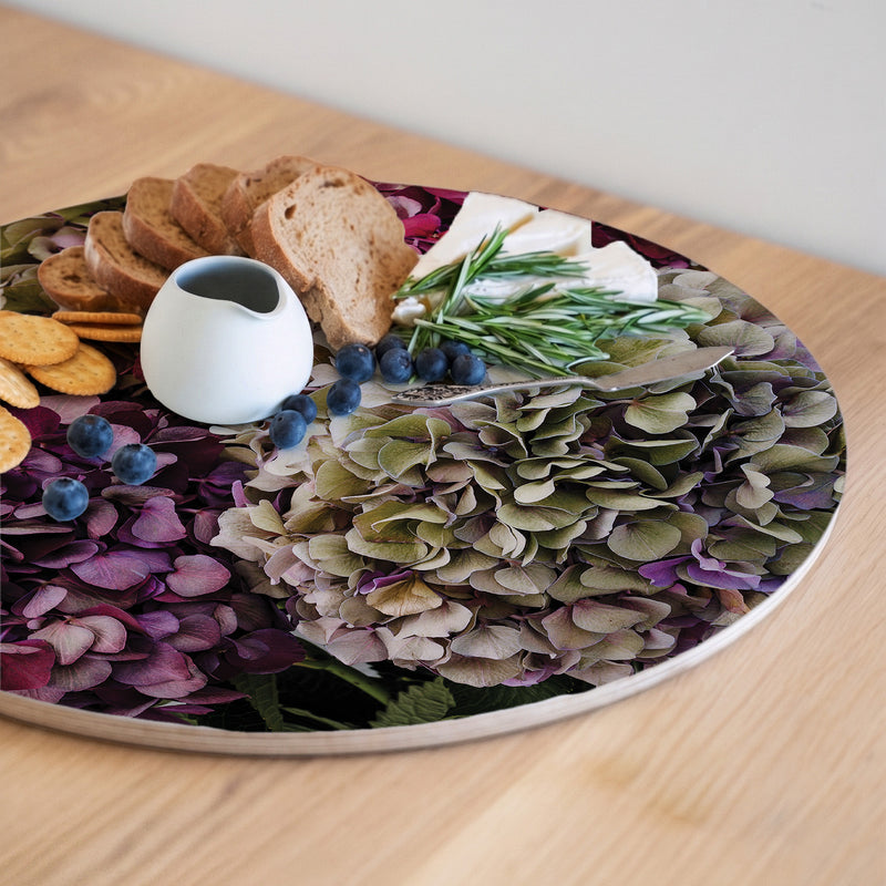 HYDRANGEA DEEP FLORAL TONES ROUND SERVING BOARD