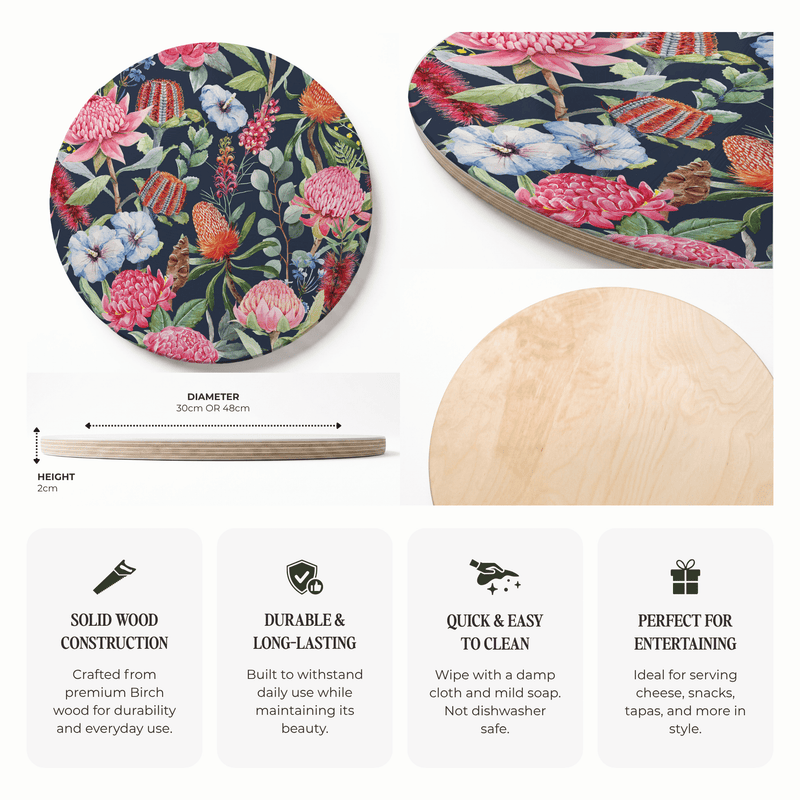 A product infographic for a round wooden serving board featuring a colourful floral print on one side and a natural light wood grain on the other. The graphic includes a dimension callout showing the board is 30cm or 48cm in diameter and 2cm thick, a close-up of the natural wood side, and four feature callouts highlighting solid wood construction, durability, easy cleaning, and suitability for entertaining.
