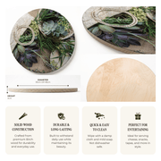 A product information graphic for a printed wooden serving board. The top section shows two circular views of the board, printed with green leaves and small succulents, along with a close-up of the natural-light wood edge.