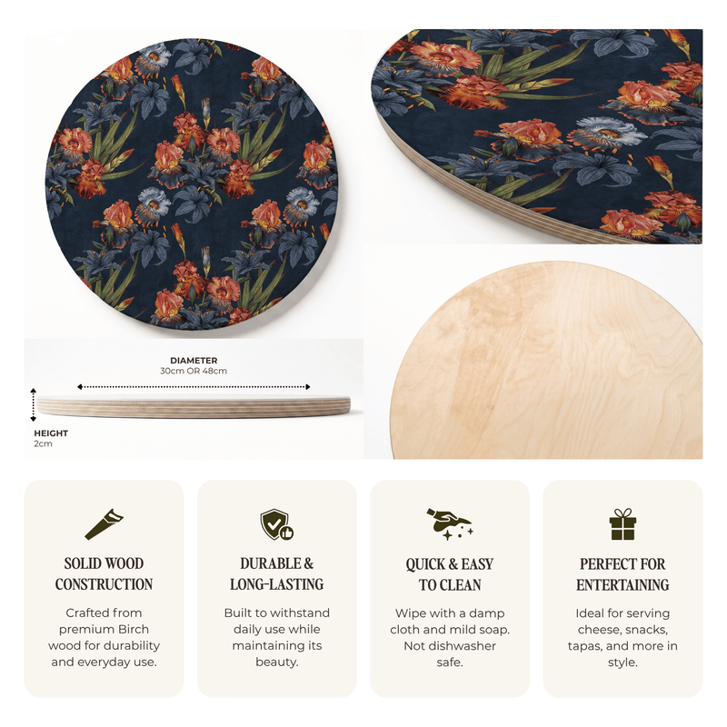 A product information graphic for a round wooden serving board. The top section shows two views of the board's floral-patterned dark navy wood finish, with one view showing the side thickness labeled as 2.