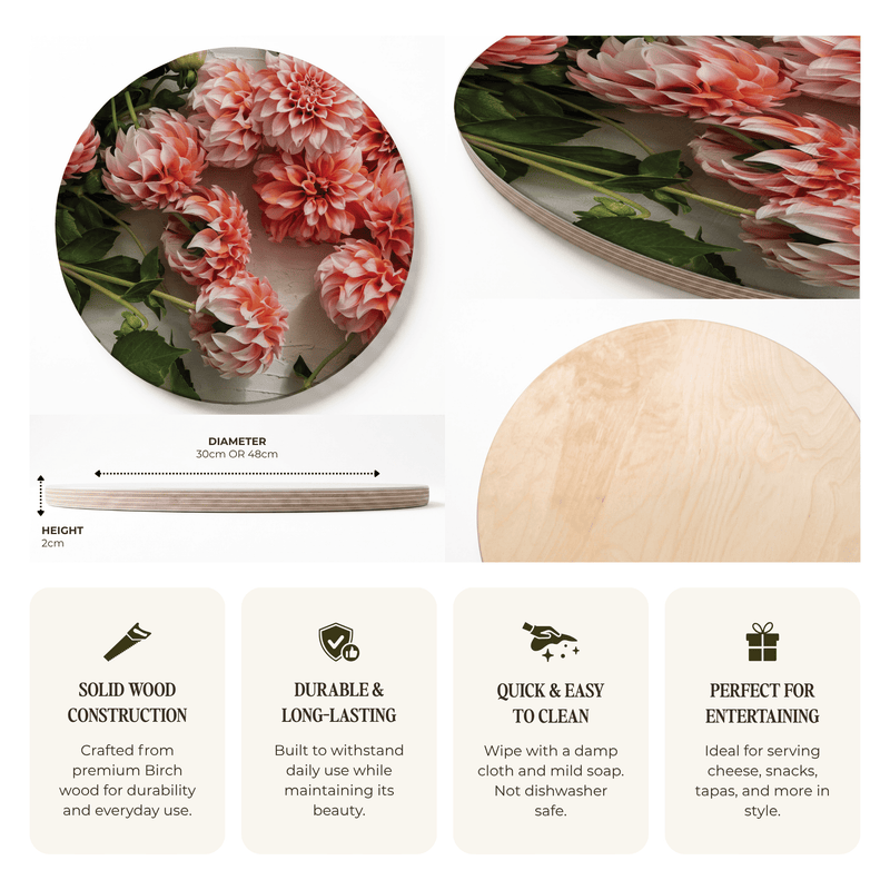 A composite product listing graphic for a round wooden serving board featuring a printed floral design. The top section shows two angled views of the board with pink and peach flowers, green leaves, and a light wood edge.