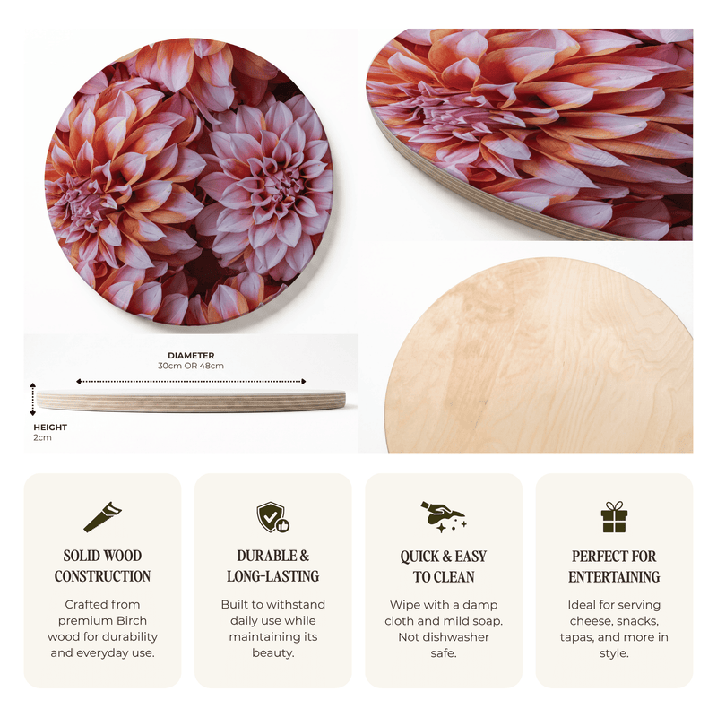 Round wooden serving board with a pink and orange dahlia floral print, shown from multiple angles on a white background with feature callout text below.