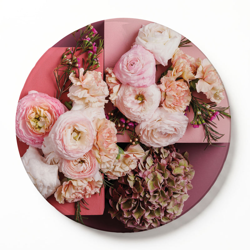 PINK FLORALS ON BLOCKS ROUND SERVING BOARD