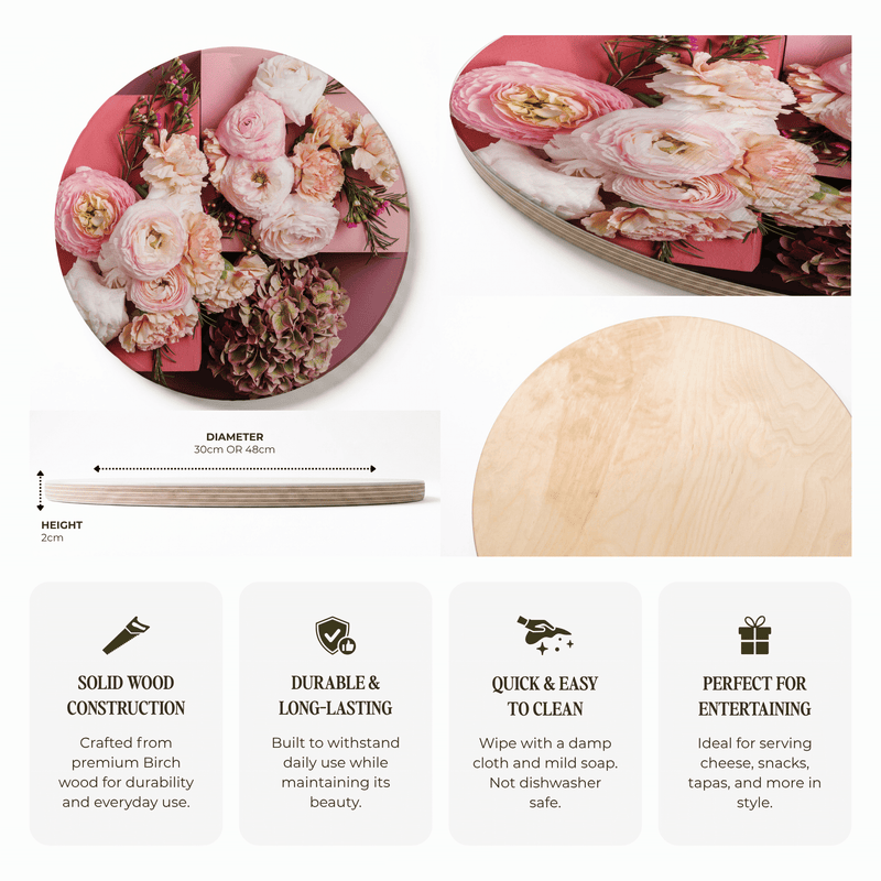 PINK FLORALS ON BLOCKS ROUND SERVING BOARD