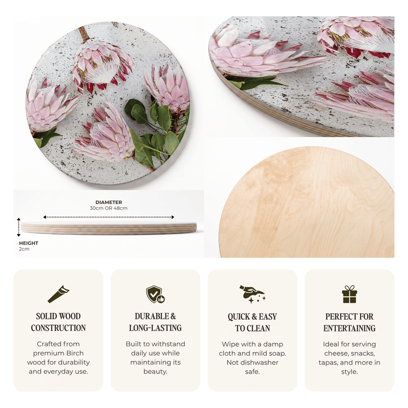 Round wooden serving platter with a printed pink protea flower pattern, shown from multiple angles with dimensions and feature callouts on a white background.