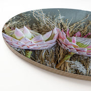 A round printed serving board featuring a close-up photograph of pink protea flowers and dried grasses against a white background.
