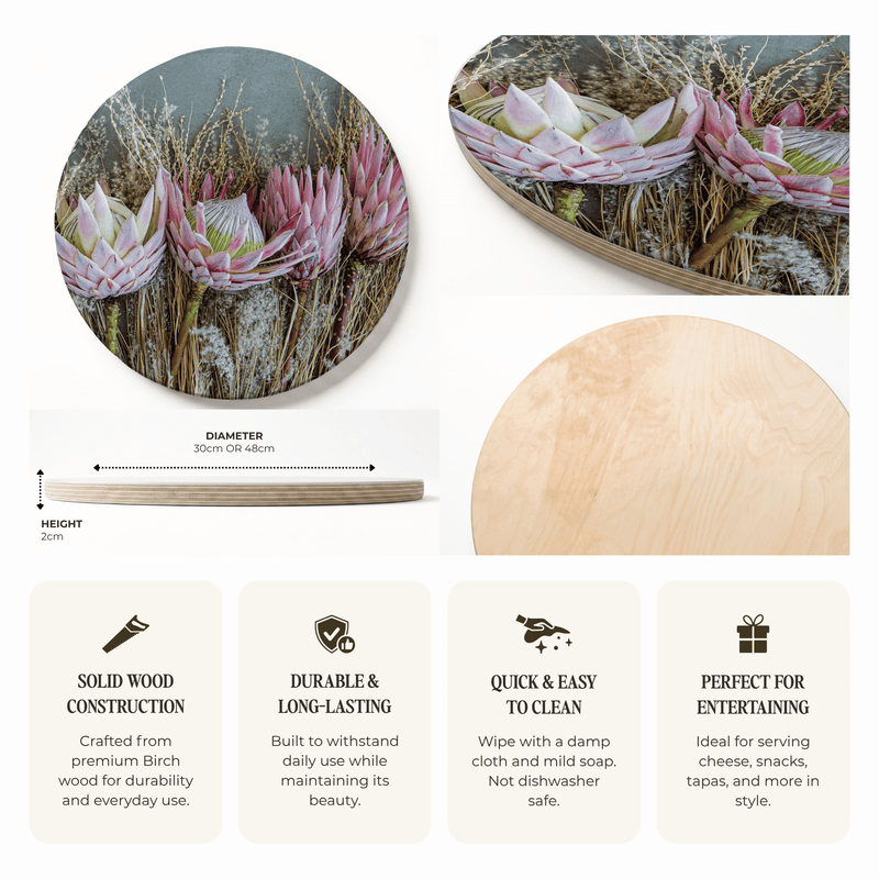 A composite product listing graphic for a round wooden serving board featuring a printed protea and grass pattern. The image shows the board from multiple angles, including a top-down view with a dimension callout indicating a 30 cm diameter and a height of 2 cm, a close-up of the natural wood edge, and a large square crop of the printed design.