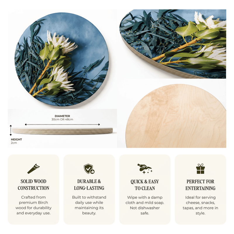 PROTEA AND EUCALYPTUS ON BLUE ROUND SERVING BOARD