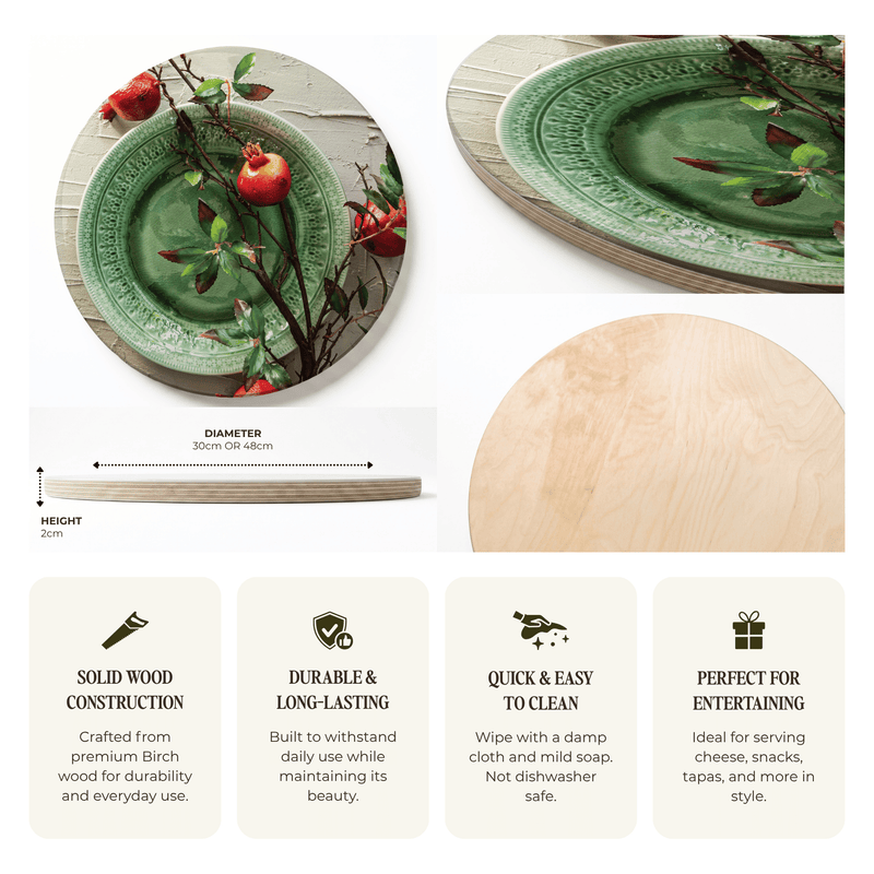 A composite product listing graphic for a decorative serving platter. The top shows two views of a round green ceramic-style platter printed with red pomegranates and dark branches, with one view showing a light natural wood rim.