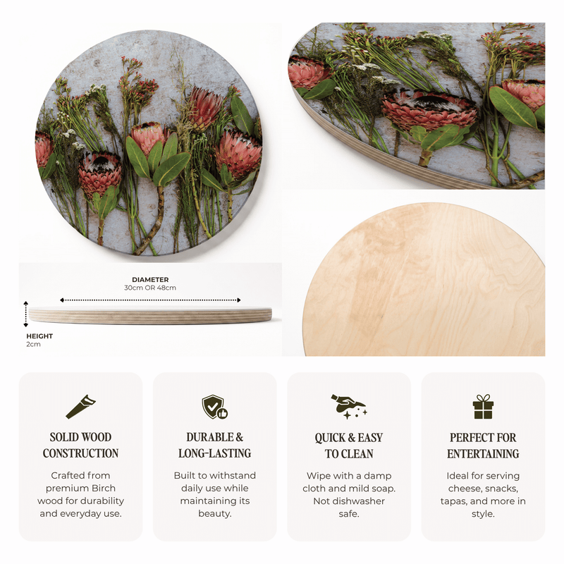Round wooden serving board with a printed floral design, shown in multiple views with dimensions and feature callouts on a white background.