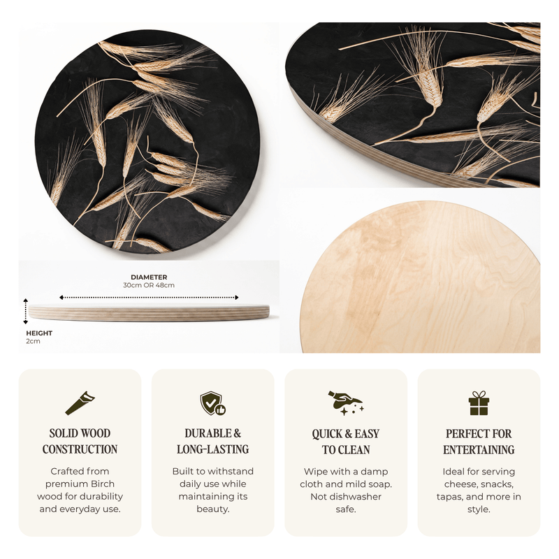 SCATTERED WHEAT ON BLACK ROUND SERVING BOARD