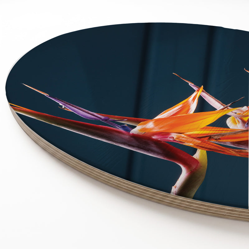 STRELITZIA TRIO ON RICH BLUE ROUND SERVING BOARD