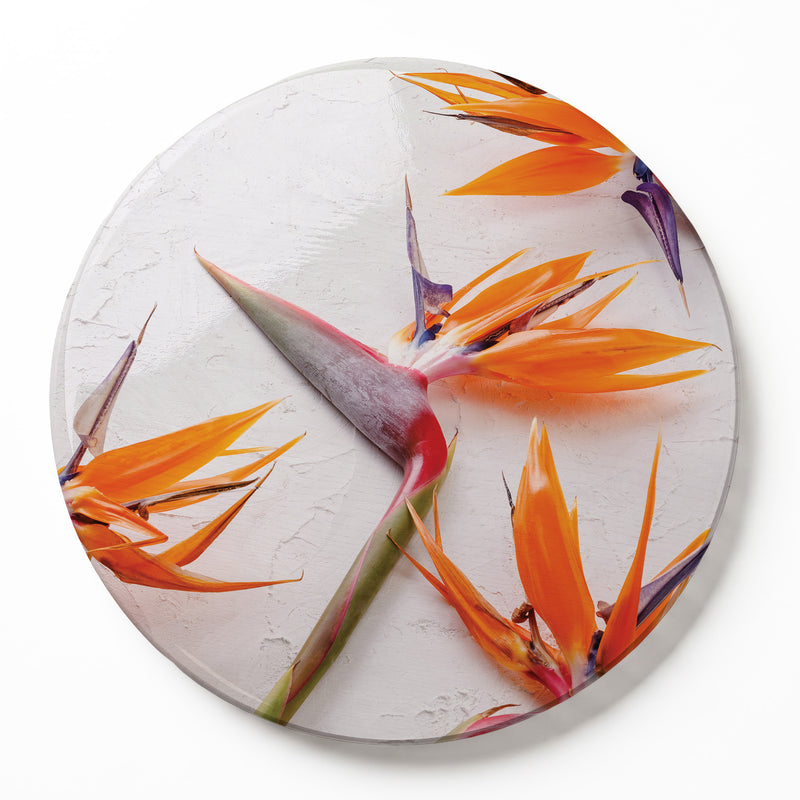 STRELITZIAS ON WHITE ROUND SERVING BOARD