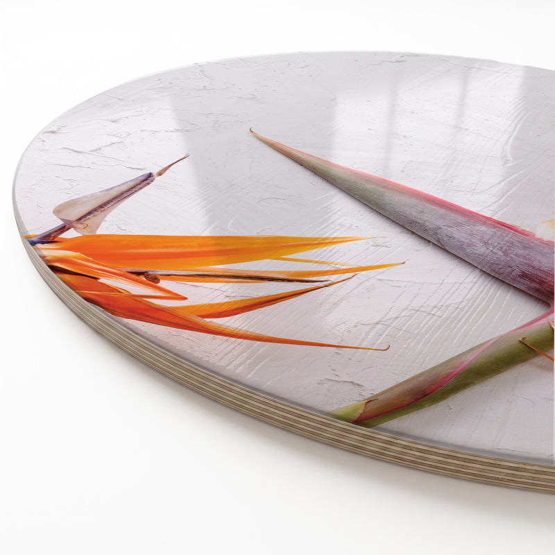 STRELITZIAS ON WHITE ROUND SERVING BOARD