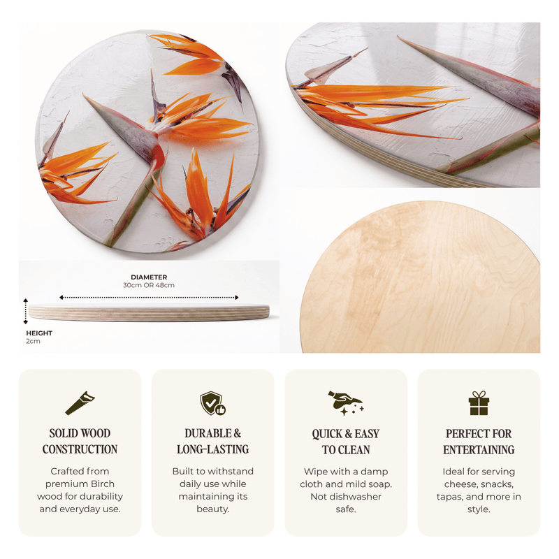 STRELITZIAS ON WHITE ROUND SERVING BOARD