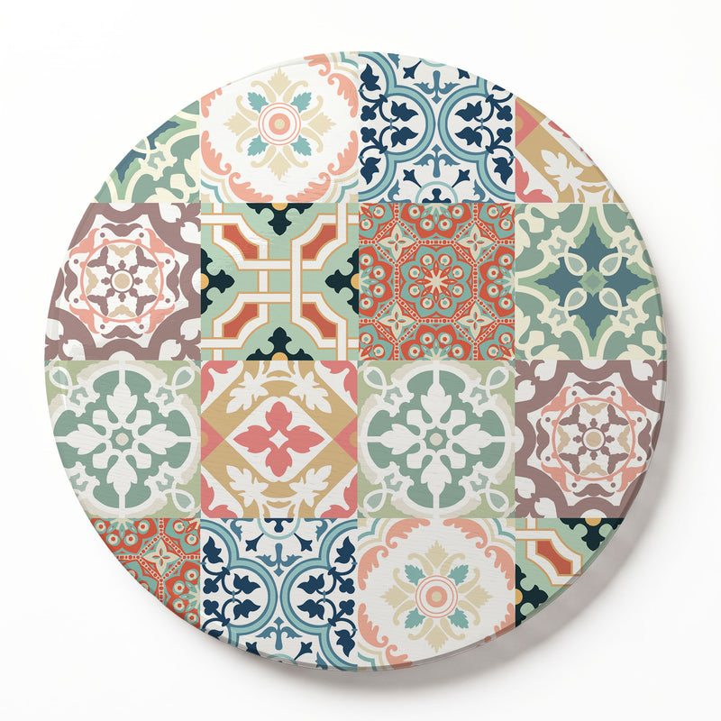 TEAL AND ORANGE TILE PATTERN ROUND SERVING BOARD