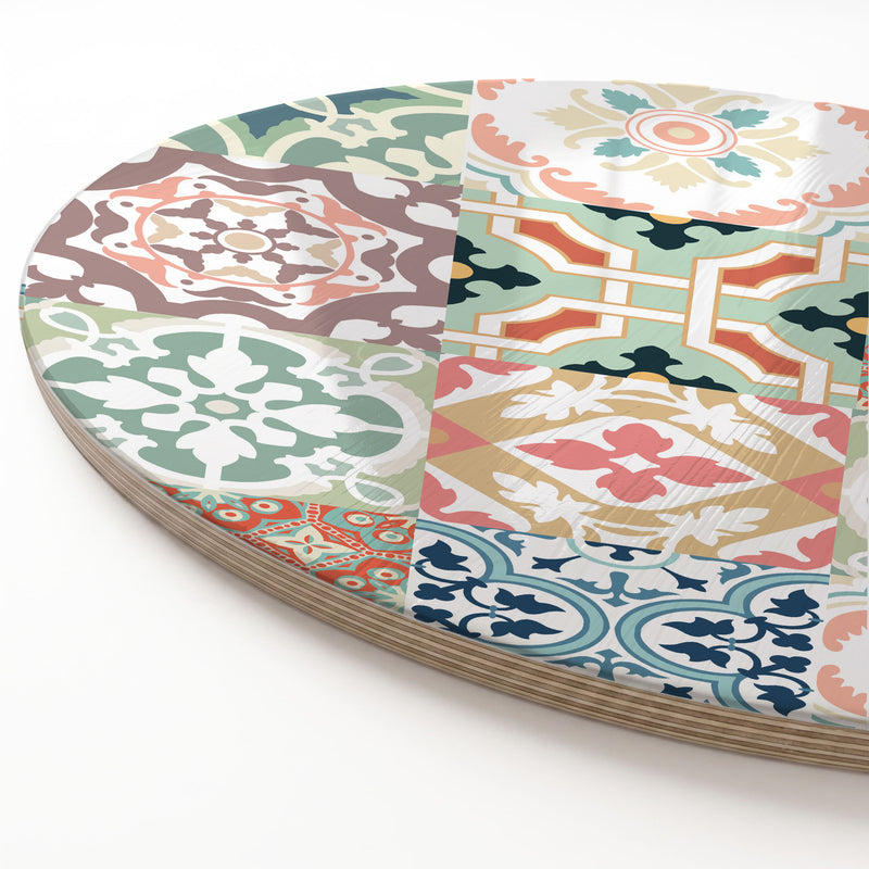 TEAL AND ORANGE TILE PATTERN ROUND SERVING BOARD