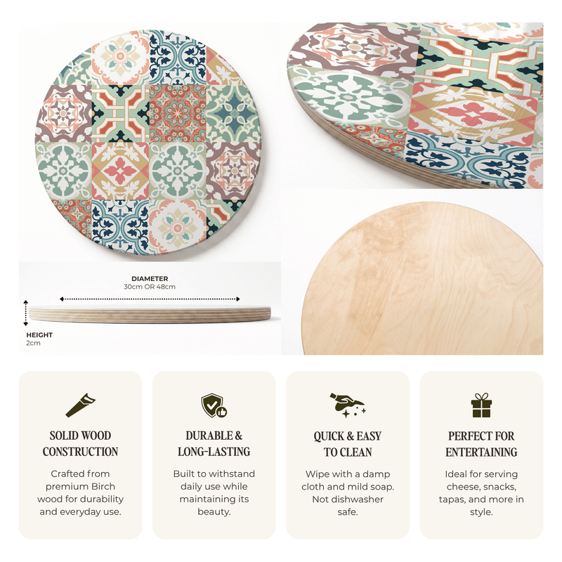TEAL AND ORANGE TILE PATTERN ROUND SERVING BOARD