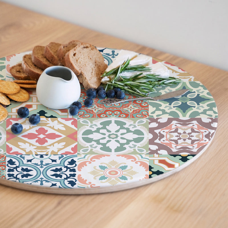 TEAL AND ORANGE TILE PATTERN ROUND SERVING BOARD