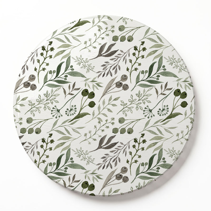 WATERCOLOUR GREEN LEAVES ROUND SERVING BOARD
