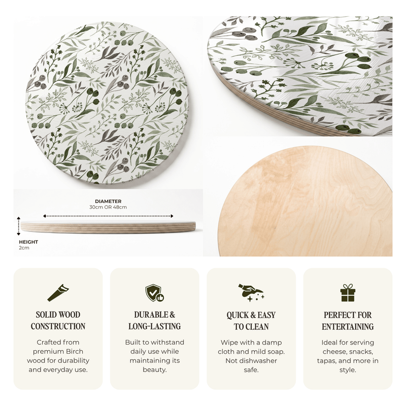 WATERCOLOUR GREEN LEAVES ROUND SERVING BOARD