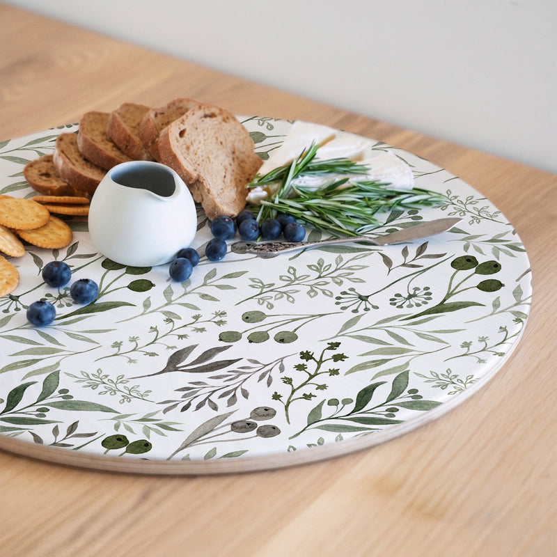 WATERCOLOUR GREEN LEAVES ROUND SERVING BOARD