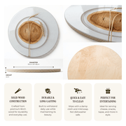 A product infographic for a round wooden serving platter, showing three views: a top-down view with a wheat garnish, a side profile with a dimension callout for diameter and height, and a close-up of the natural birch wood grain. Below the product images are four feature callouts describing solid wood construction, durability, easy cleaning, and suitability for entertaining.