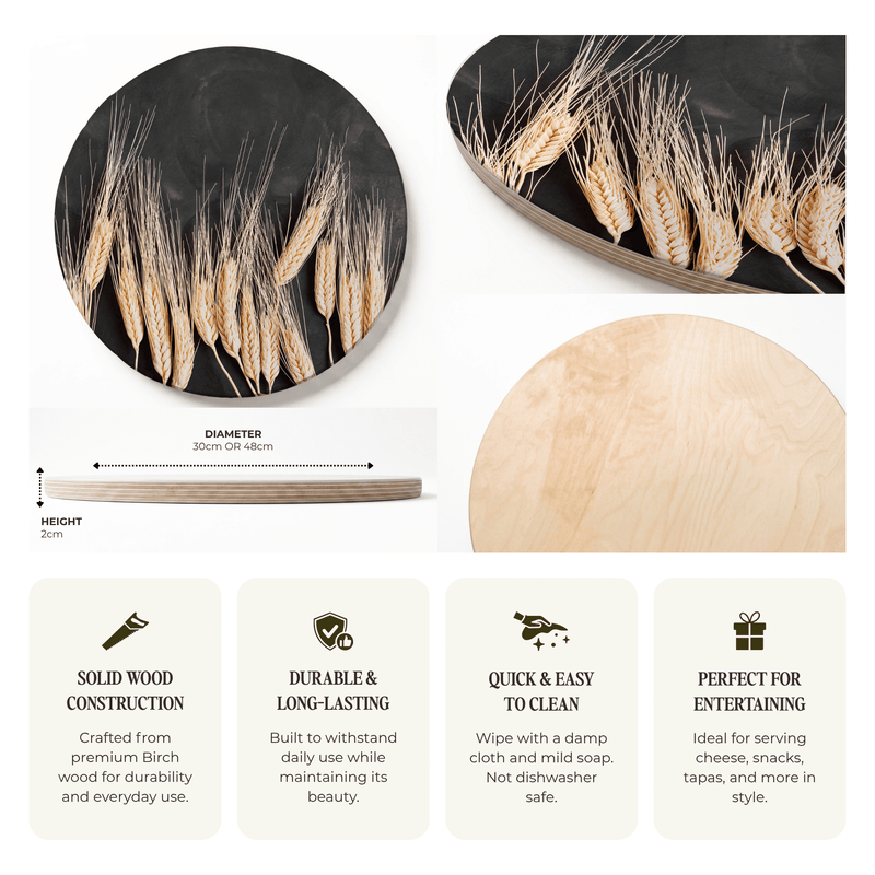 WHEAT ROW ON BLACK ROUND SERVING BOARD