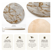 A composite product listing graphic showing a round wooden serving board from multiple angles, with dimension labels indicating a 30 cm or 48cm diameter by 2cm height. The board has a light natural wood finish with a bleached cream hydrangea floral print.