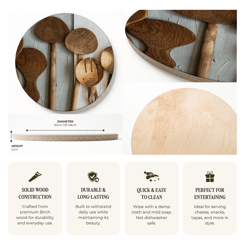 A product collage showing a round wooden serving platter from multiple angles, including a top-down view with a dimension callout indicating 30cm or 48cm diameter and 2cm height, a close-up of the wood grain, and a large circular inset of the back side. Below are four feature callouts for solid wood construction, durability, easy cleaning, and suitability for entertaining.