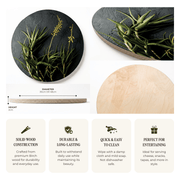 A product collage showing a round wooden serving board from multiple angles, including a top view with green vegetables, a side profile with dimensions labeled 30cm diameter and 2cm height, and a close-up of the light natural wood grain. Text below highlights solid wood construction, durability, easy cleaning, and suitability for entertaining.