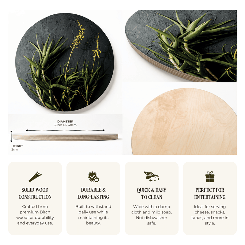 A product collage showing a round wooden serving board from multiple angles, including a top view with green vegetables, a side profile with dimensions labeled 30cm diameter and 2cm height, and a close-up of the light natural wood grain. Text below highlights solid wood construction, durability, easy cleaning, and suitability for entertaining.