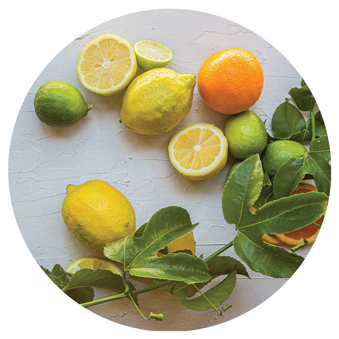 NATURAL YELLOW AND ORANGE CITRUS ON WHITE ROUND COASTER