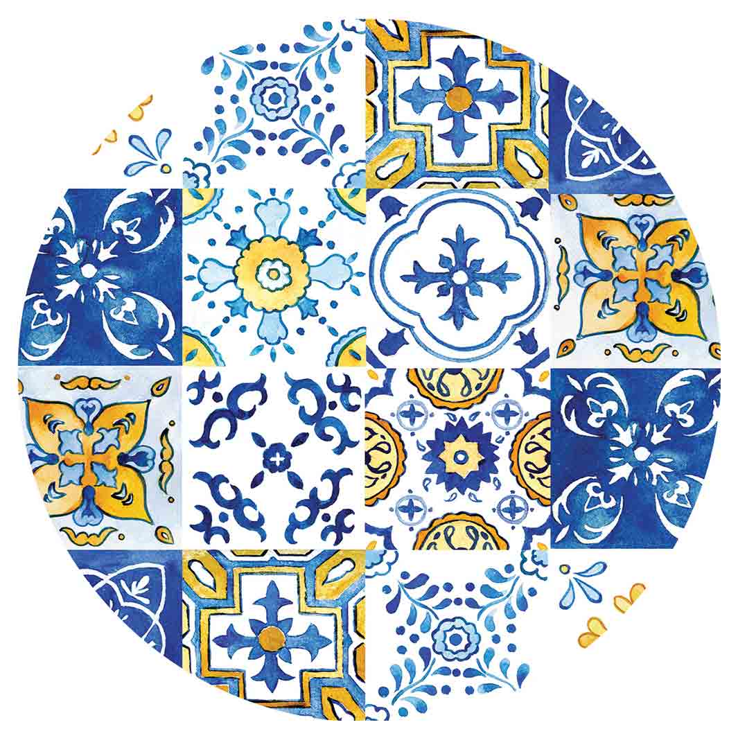 PATTERN BLUE AND YELLOW WATERCOLOUR LISBON TILE ROUND COASTER